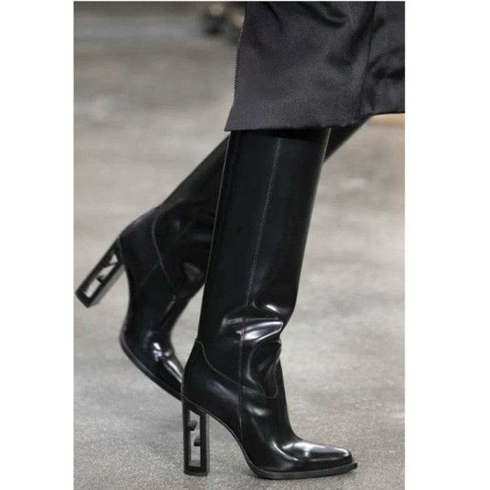 Pointed Toe Knee Boots Brand New Hollow Wooden High Heel