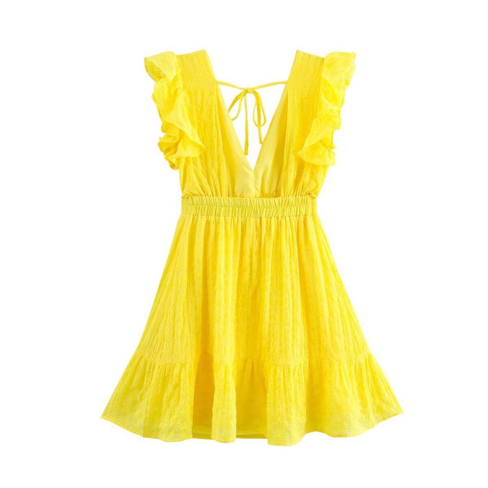 Summer fashion V-neck sleeveless solid color lace up short dress