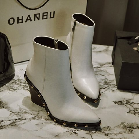 White Black Pointed Square Root Women's Ankle Boots