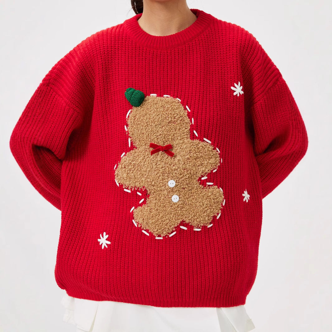 Red cartoon pattern sweater for women's Christmas