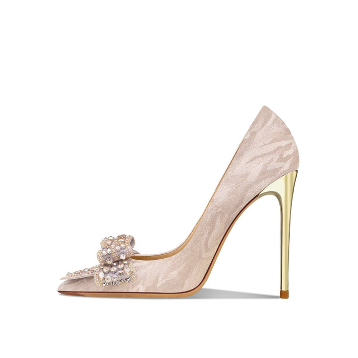 Leather Rhinestone Golden Bowknot High Heel
