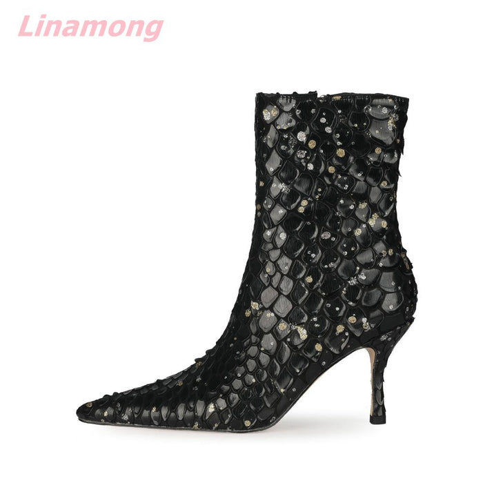 Women Bling Boots Pointed Toe Thin High Heel Side Zipper