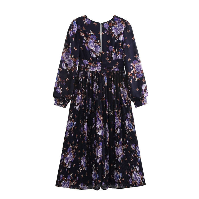 Summer V-neck loose chiffon printed pleated long dress for women