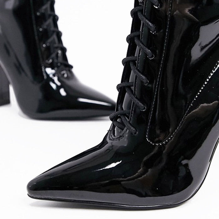 Black Patent Leather Pointed Toe Thick High Heel Short Boots