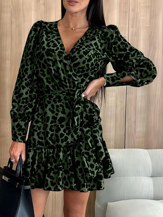 Women's long sleeved bubble sleeve V-neck lace up printed dress