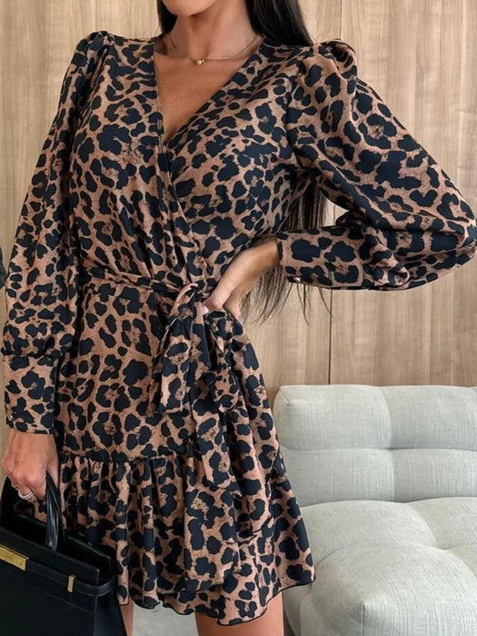 Women's long sleeved bubble sleeve V-neck lace up printed dress