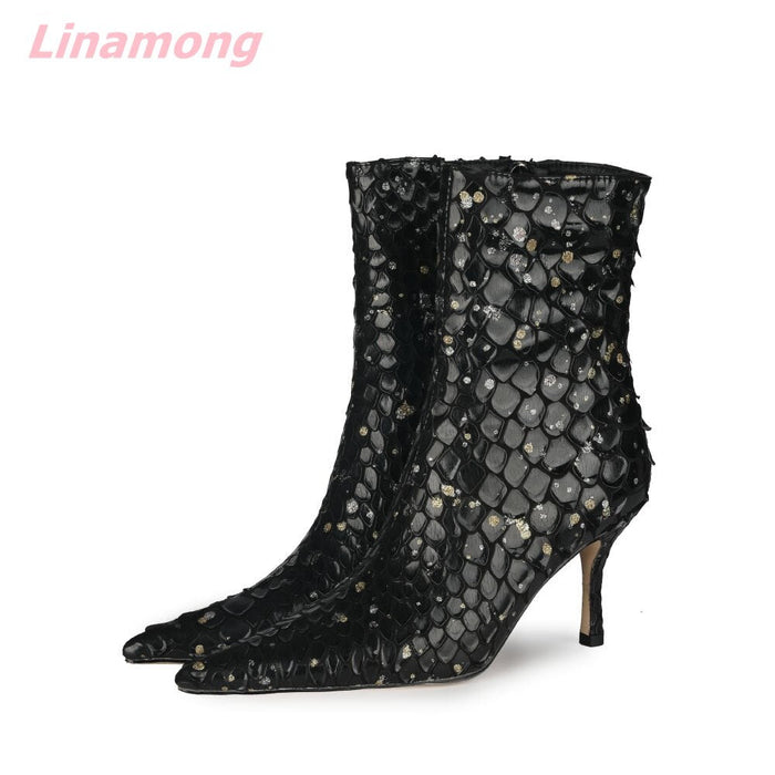 Women Bling Boots Pointed Toe Thin High Heel Side Zipper