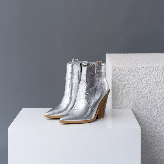 Gold Snake Print Ankle Boots For Women  High Heels Boots
