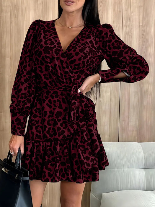 Women's long sleeved bubble sleeve V-neck lace up printed dress