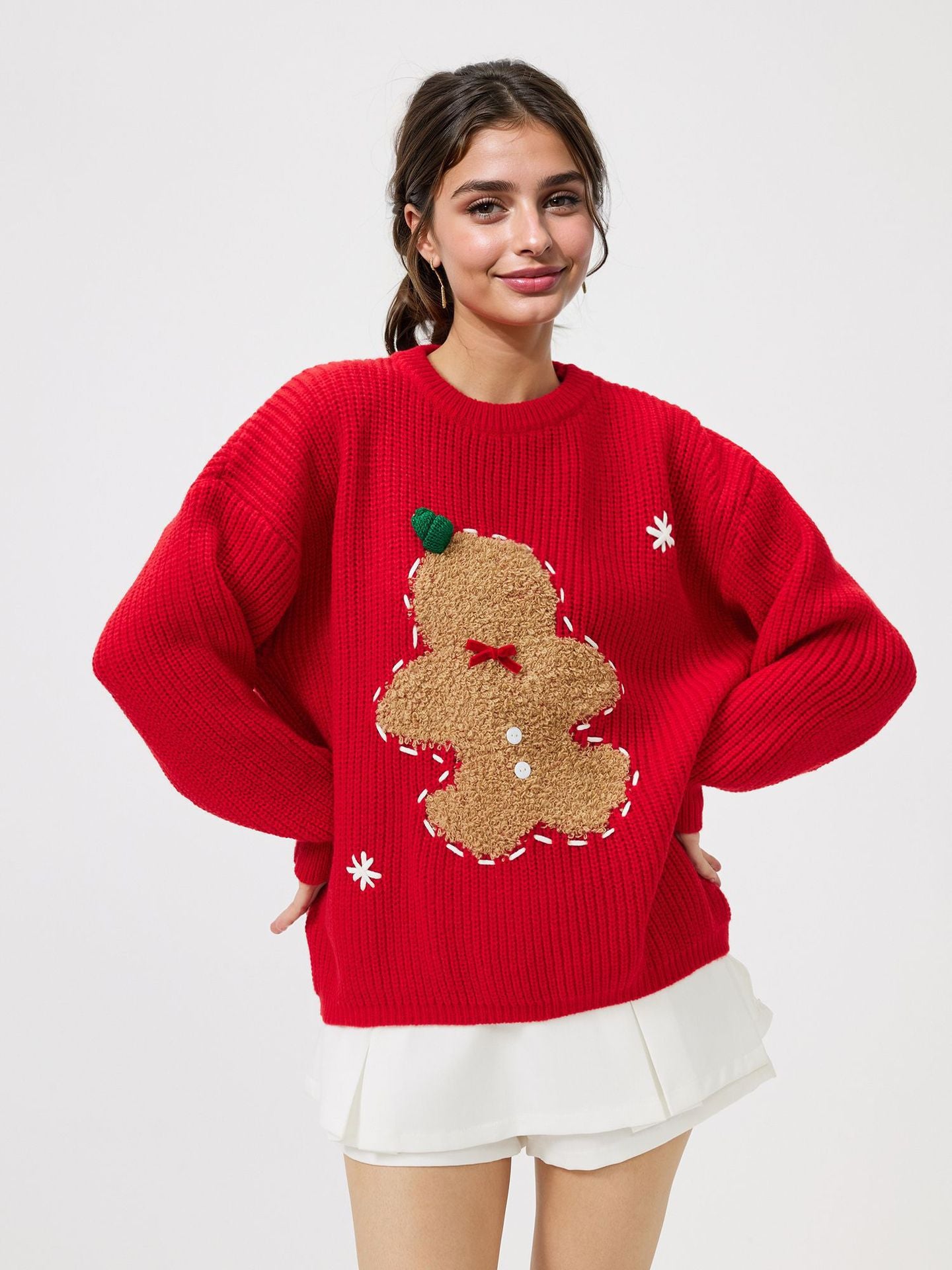 Red cartoon pattern sweater for women's Christmas
