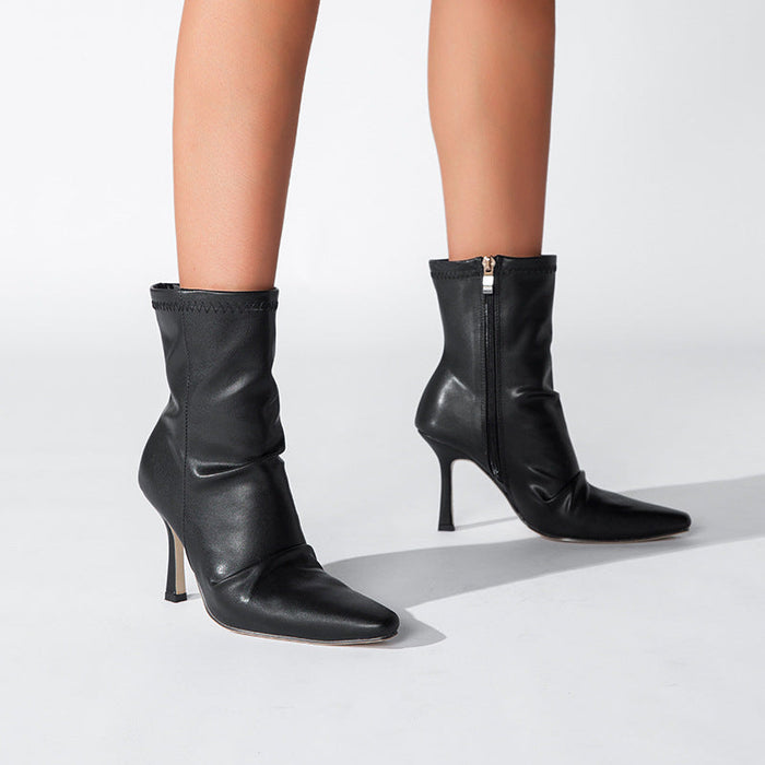 New Fine With Pleated Short Boots Female Mid-Thigh