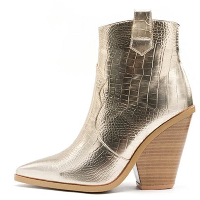 Gold Snake Print Ankle Boots For Women  High Heels Boots
