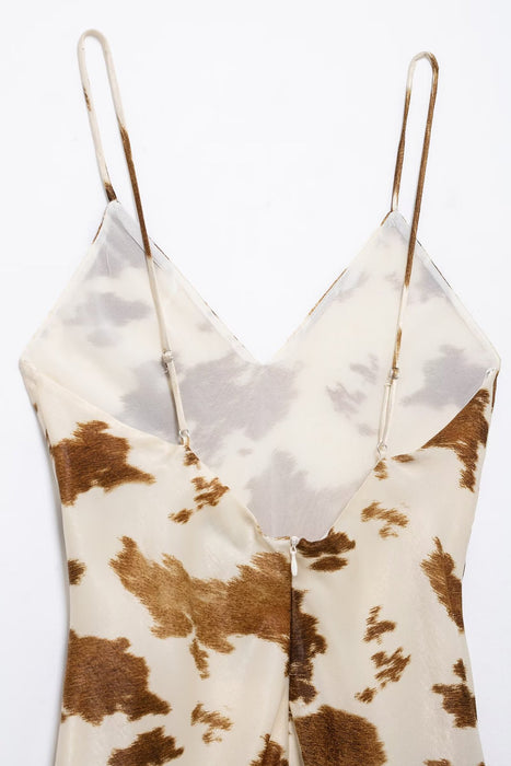 Tailored silk satin texture printed suspender dress