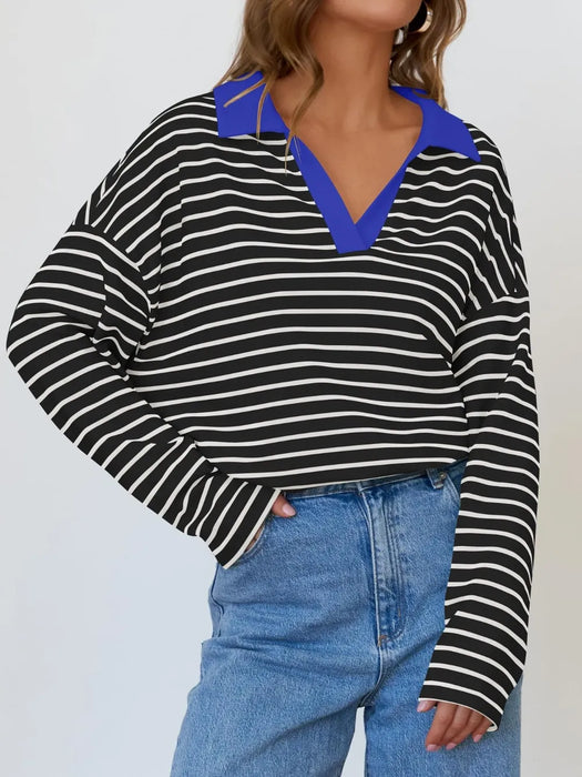 Mandy Striped  Collar Long Sleeve Sweatshirt