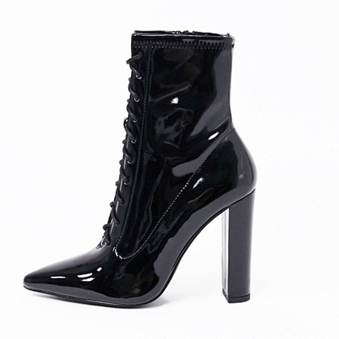 Black Patent Leather Pointed Toe Thick High Heel Short Boots