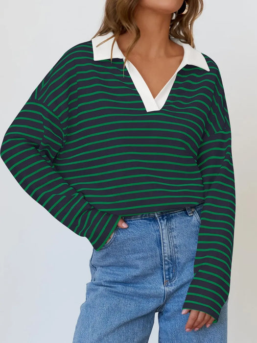 Mandy Striped  Collar Long Sleeve Sweatshirt