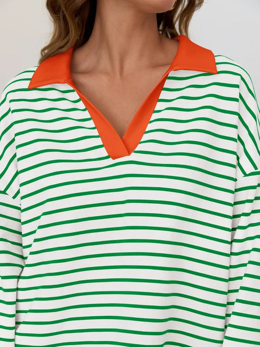 Mandy Striped  Collar Long Sleeve Sweatshirt