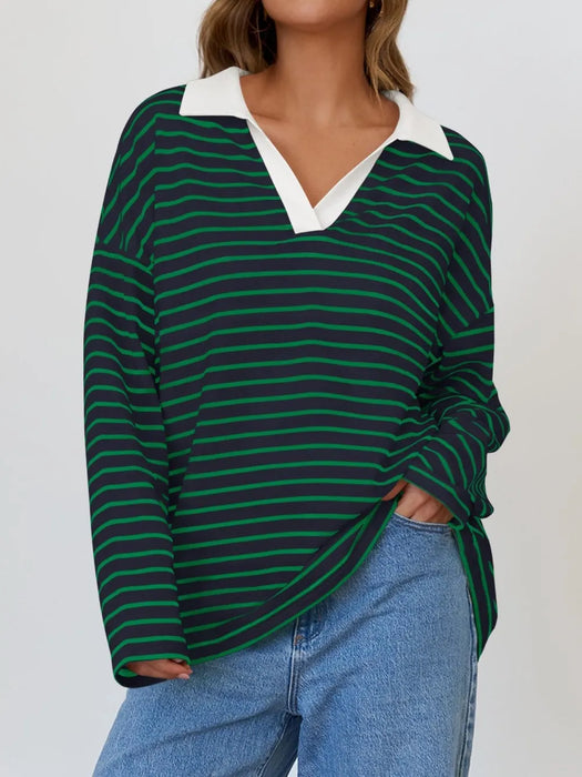 Mandy Striped  Collar Long Sleeve Sweatshirt