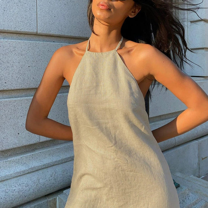 Solid color cotton and linen dress sexy backless