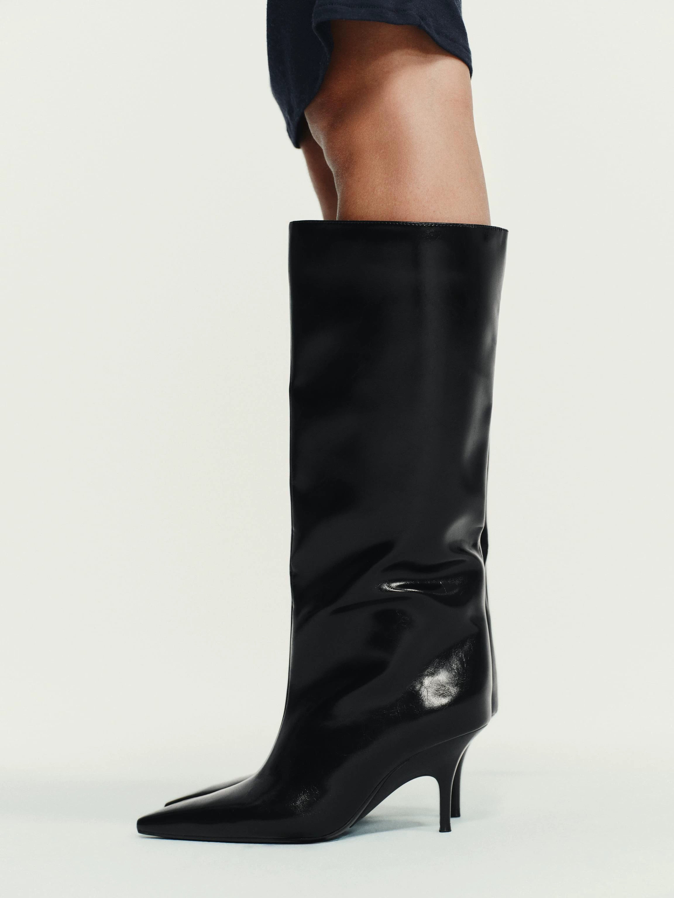 Women’s Black Pointed-Toe High Heel Knee-High Riding Boots,