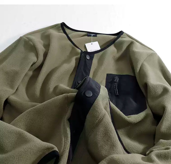 V-neck collarless polar fleece sweatshirt