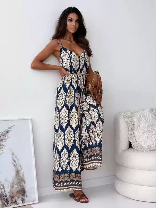 Bohemian V-neck leaf print backless hanging casual loose wide-leg jumpsuit