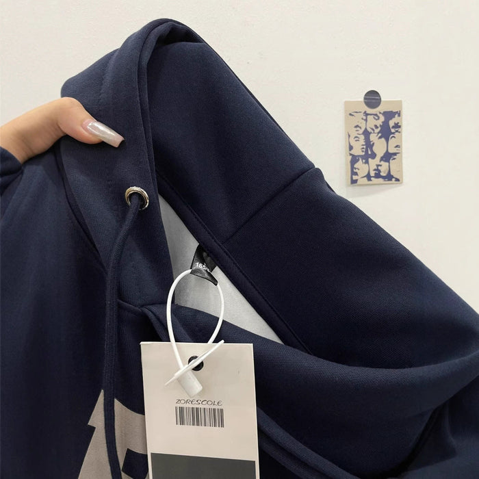 American Retro Navy Blue Hooded Sweater For Women