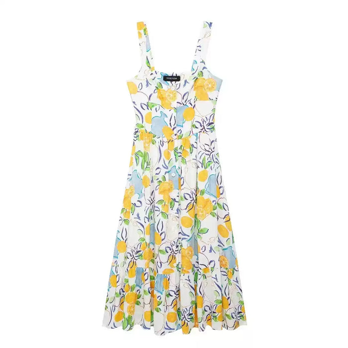 Summer fresh print midi waist suspender dress