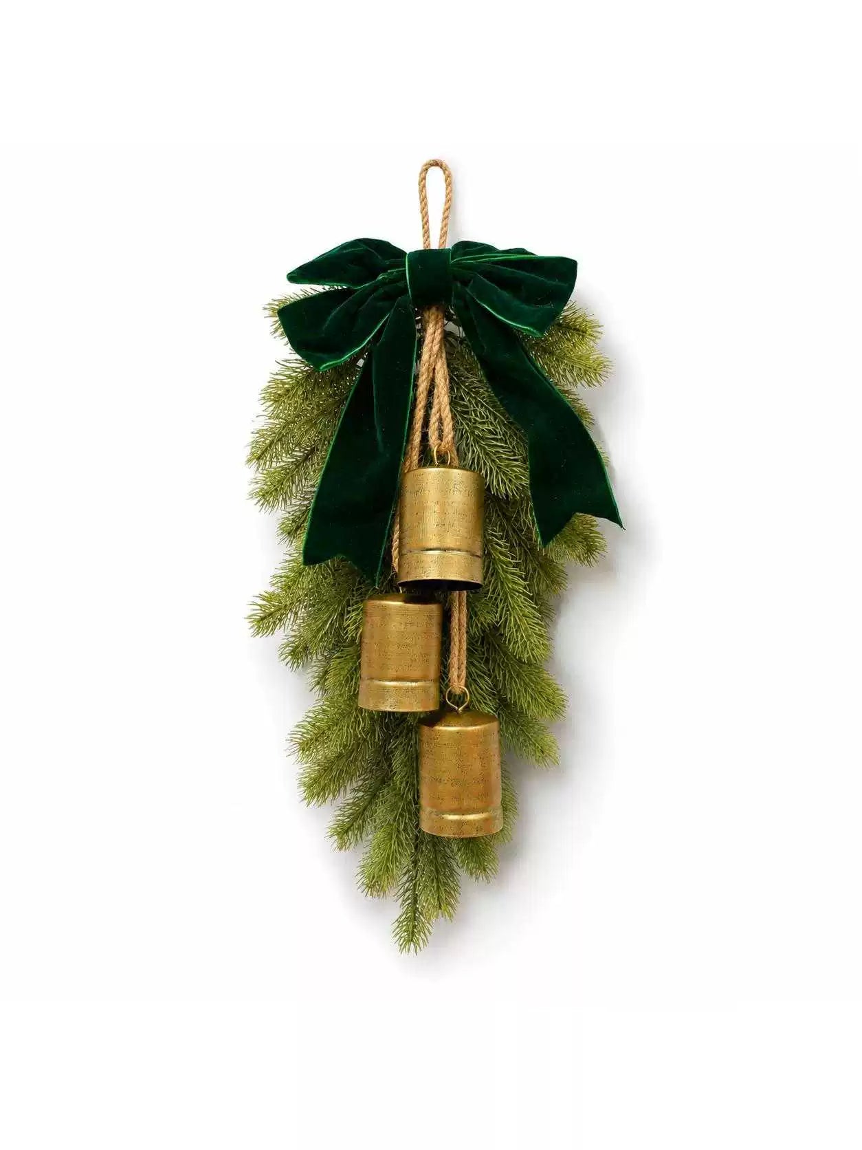 Christmas Door Hanging, Artificial Cedar Greenery and Vintage Metal Bells