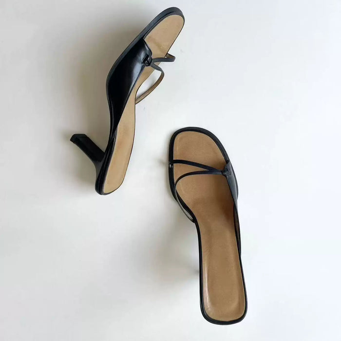 Women's Square Toe One-Step Leather Open Toe Sandals