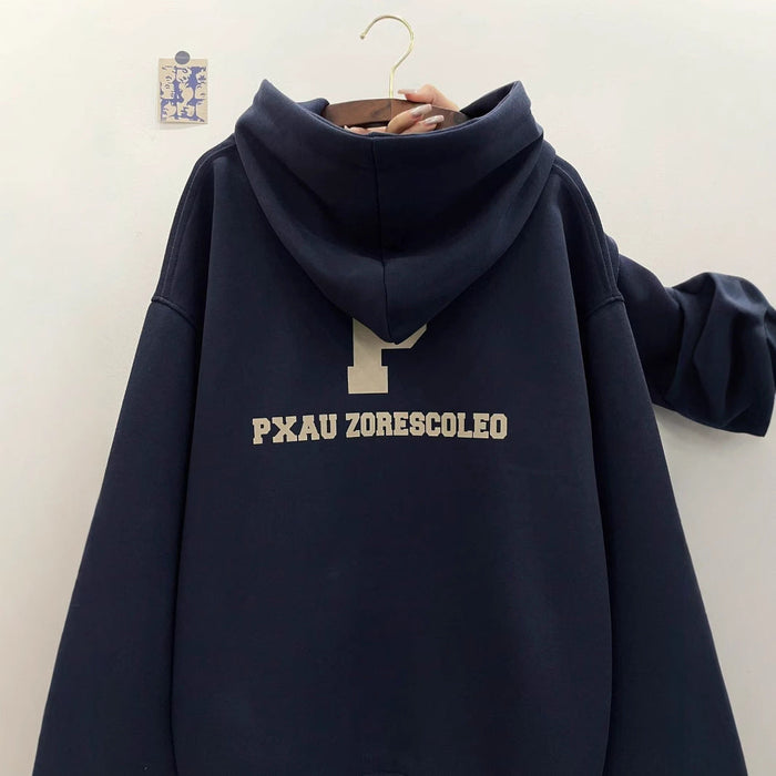 American Retro Navy Blue Hooded Sweater For Women
