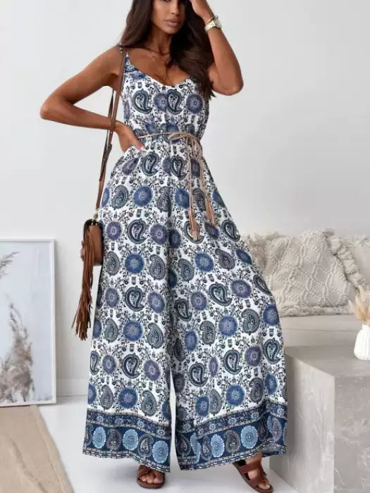 Bohemian V-neck leaf print backless hanging casual loose wide-leg jumpsuit