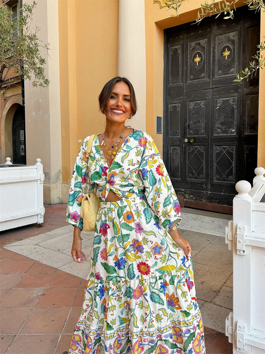 Bohemian holiday style V-neck printed loose casual dress