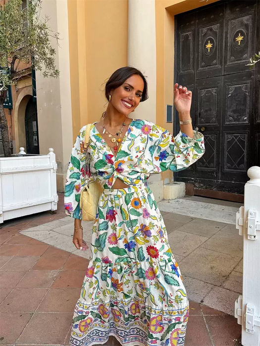 Bohemian holiday style V-neck printed loose casual dress
