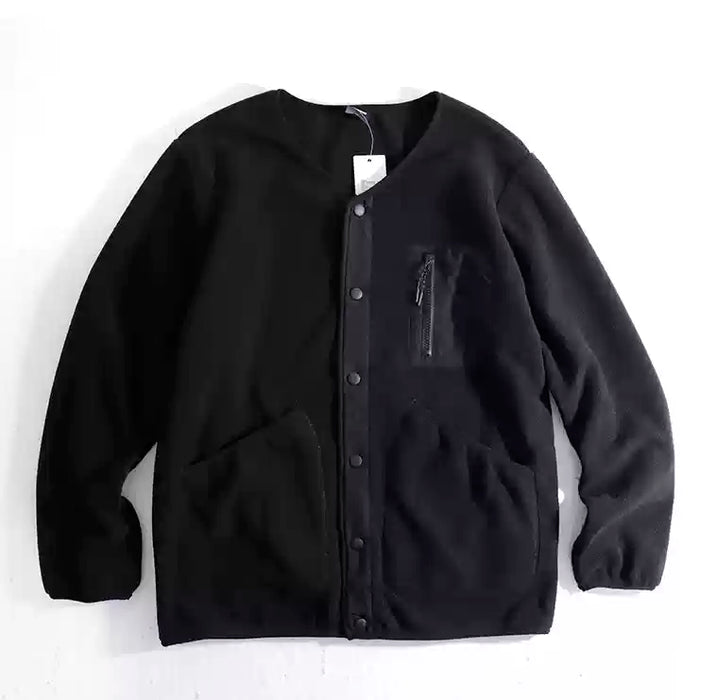 V-neck collarless polar fleece sweatshirt