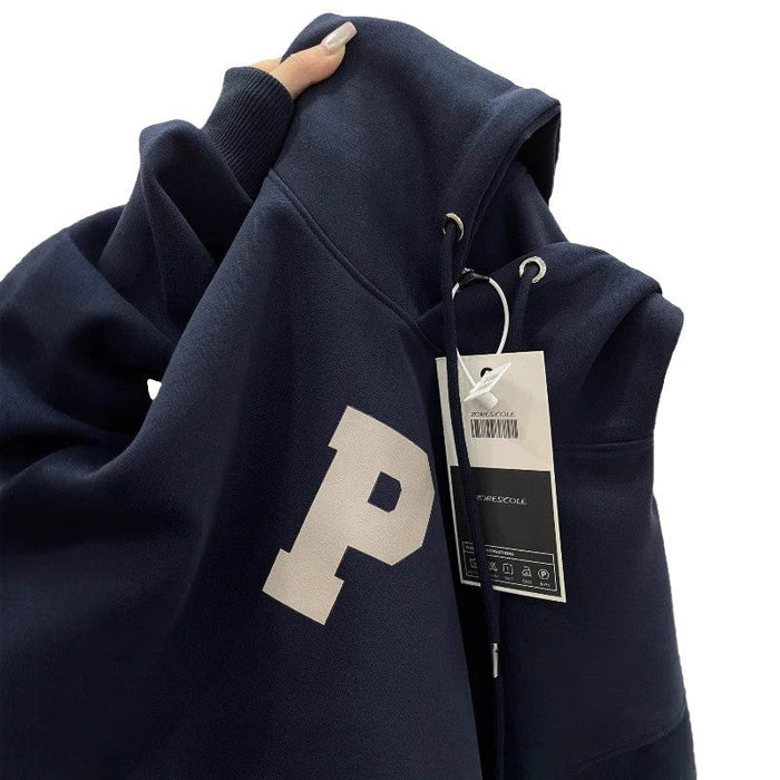 American Retro Navy Blue Hooded Sweater For Women