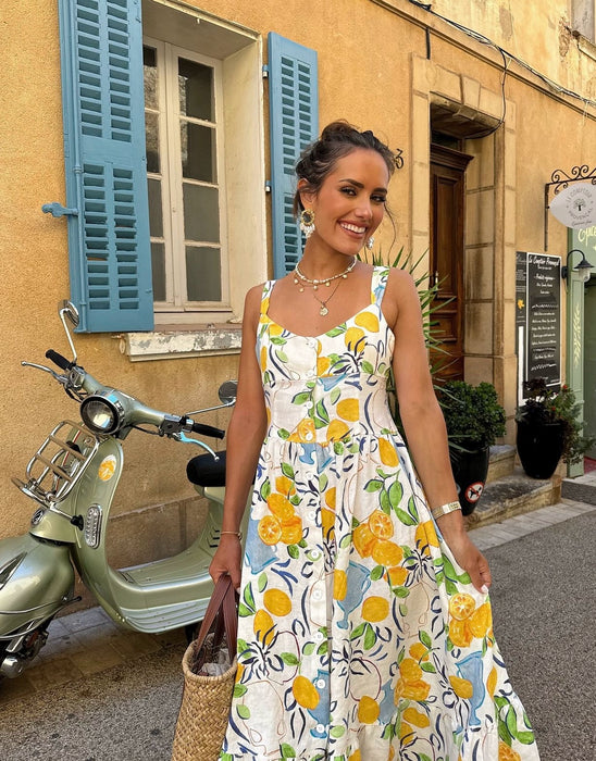 Summer fresh print midi waist suspender dress
