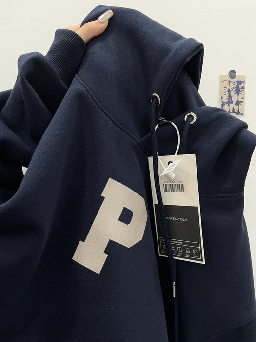 American Retro Navy Blue Hooded Sweater For Women