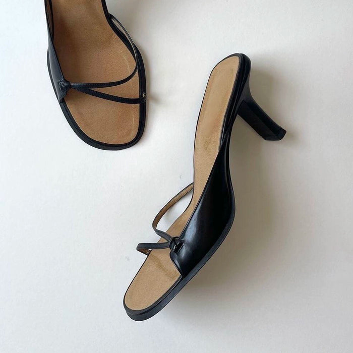 Women's Square Toe One-Step Leather Open Toe Sandals