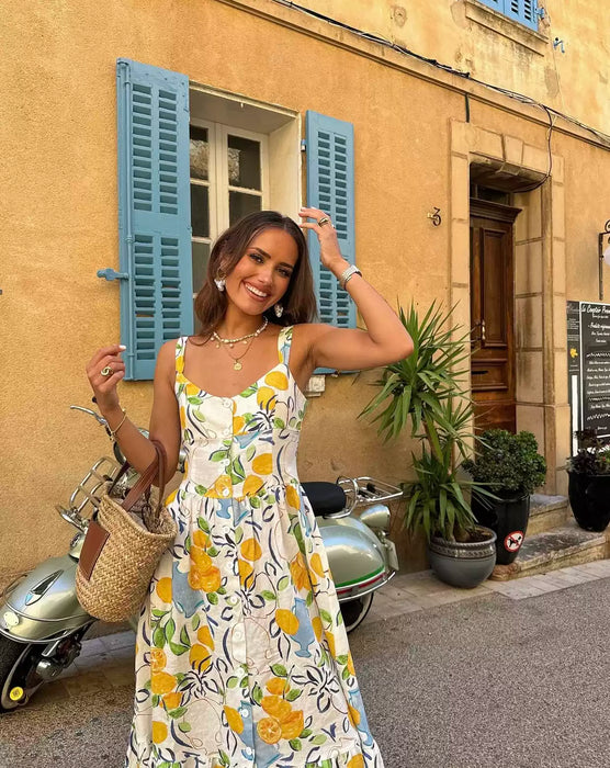 Summer fresh print midi waist suspender dress