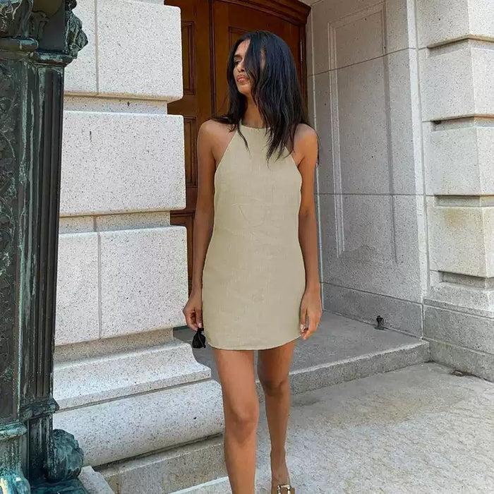 Solid color cotton and linen dress sexy backless