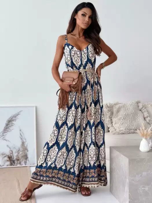 Bohemian V-neck leaf print backless hanging casual loose wide-leg jumpsuit