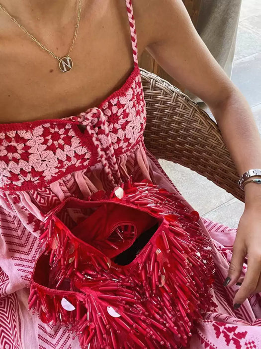 Bohemian holiday style crochet stitching knitted dress