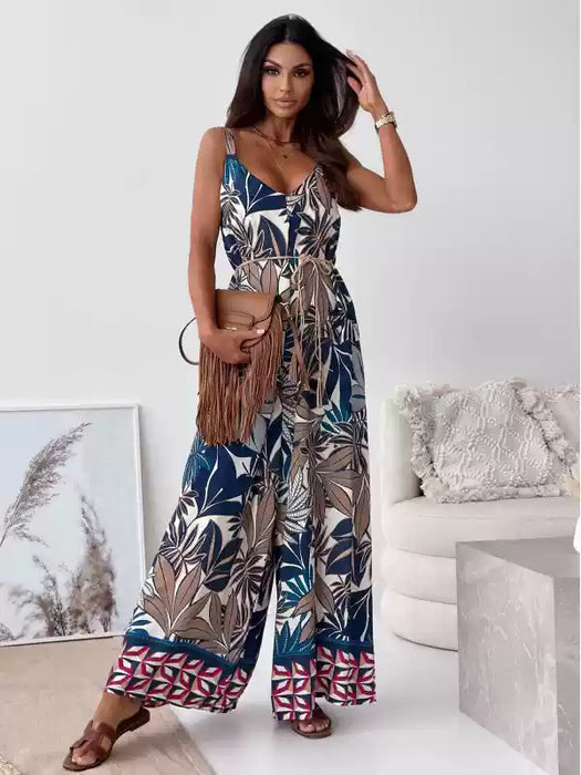 Bohemian V-neck leaf print backless hanging casual loose wide-leg jumpsuit
