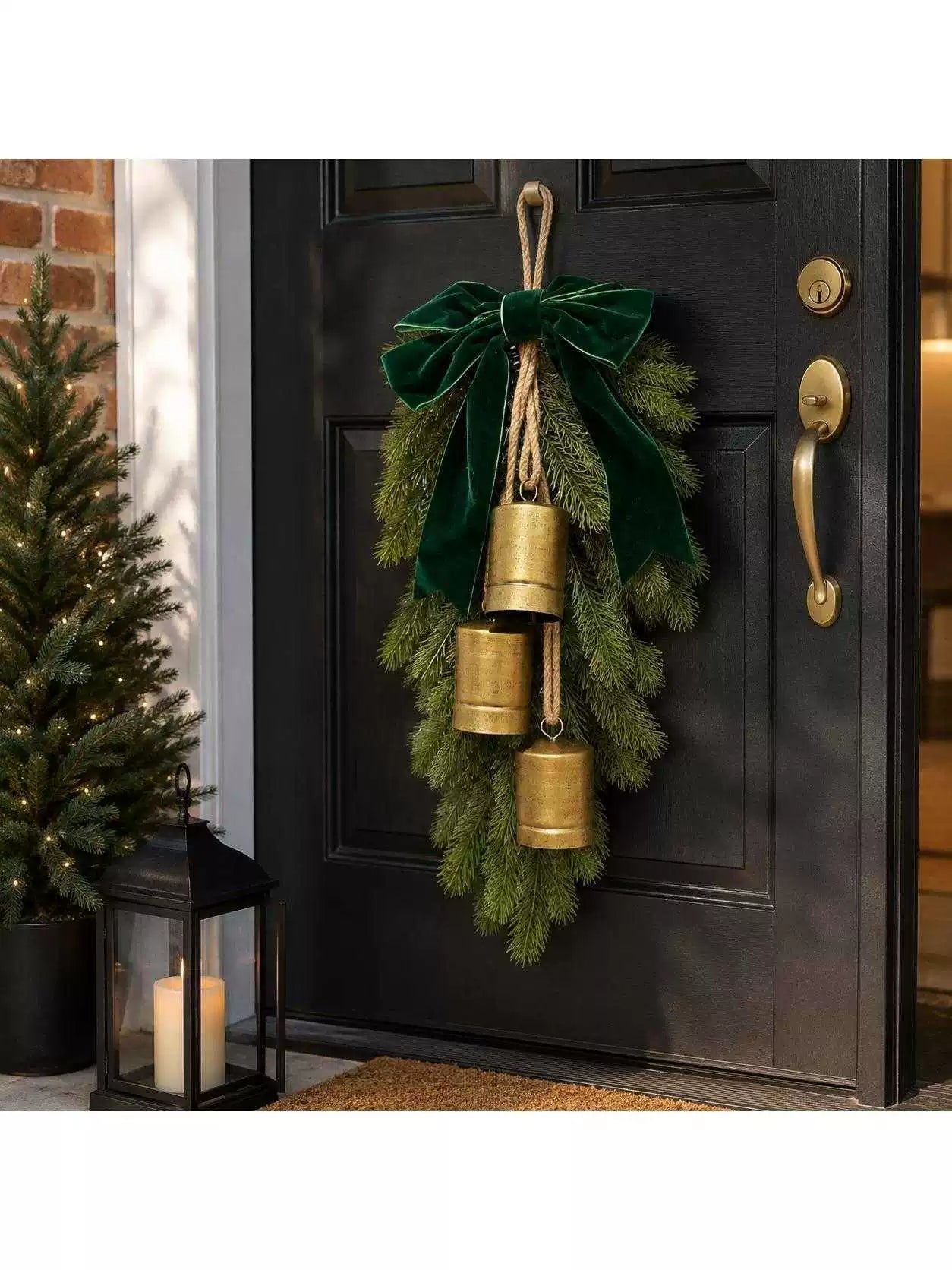 Christmas Door Hanging, Artificial Cedar Greenery and Vintage Metal Bells