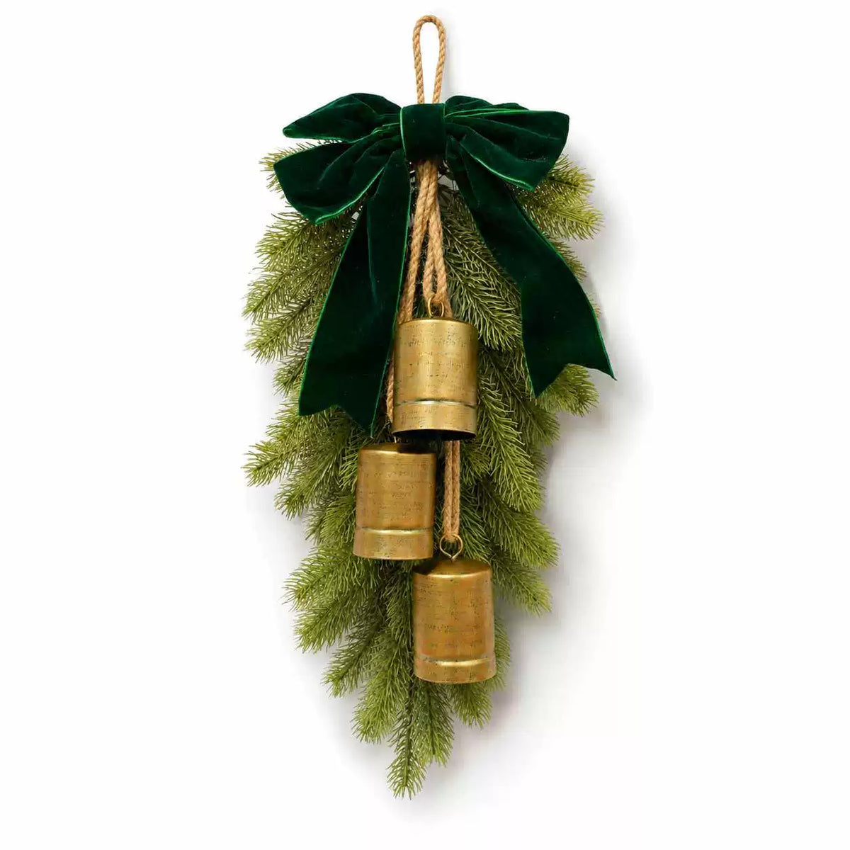 Christmas Door Hanging, Artificial Cedar Greenery and Vintage Metal Bells - Faux Cedar Bell Set