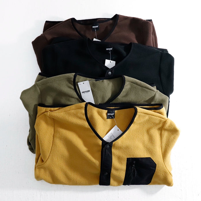 V-neck collarless polar fleece sweatshirt