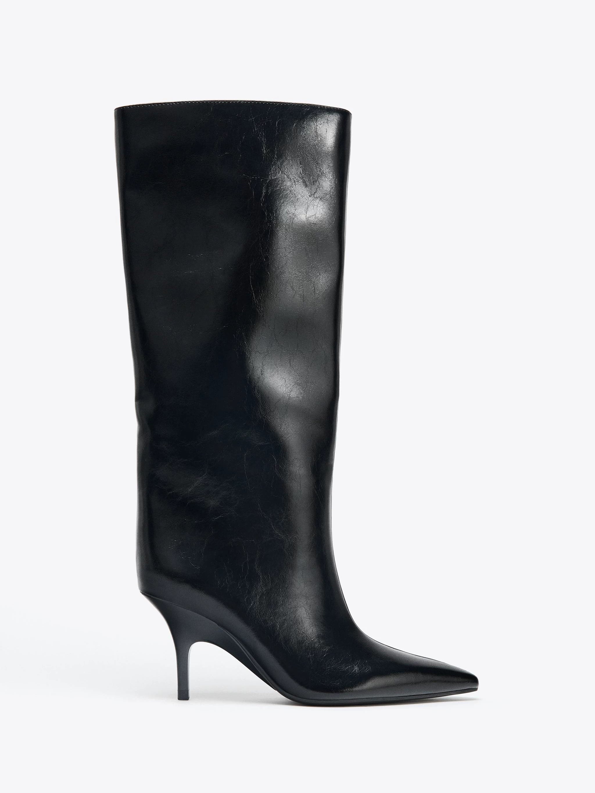 Women’s Black Pointed-Toe High Heel Knee-High Riding Boots,