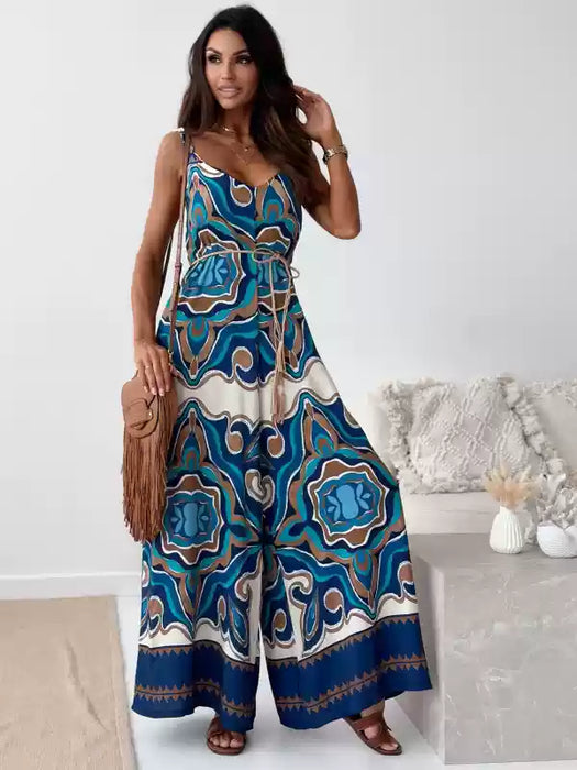 Bohemian V-neck leaf print backless hanging casual loose wide-leg jumpsuit