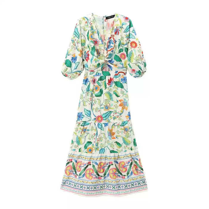 Bohemian holiday style V-neck printed loose casual dress